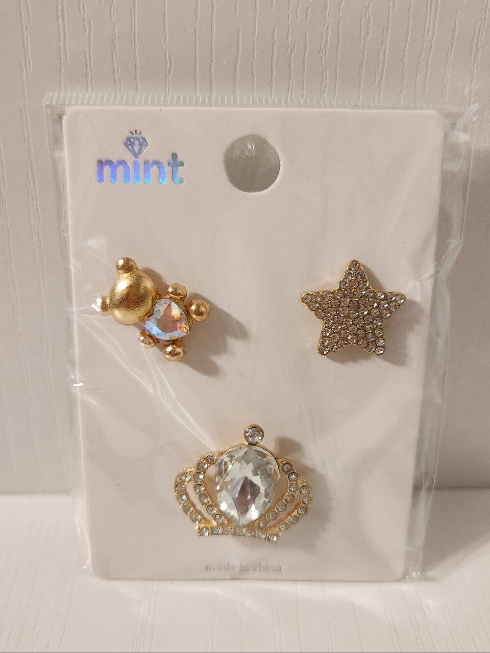 Mint Kids Gold Crown, Star & Bear Decorative Rhinestone Pin Set - Gold